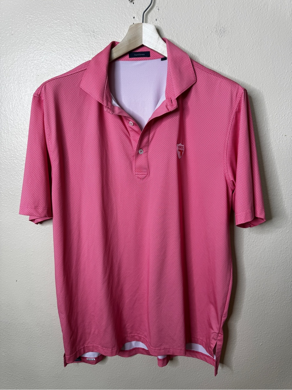 Turtleson Mens L Golf Polo Shirt Pink Geometric Stretch Short Sleeve Logo